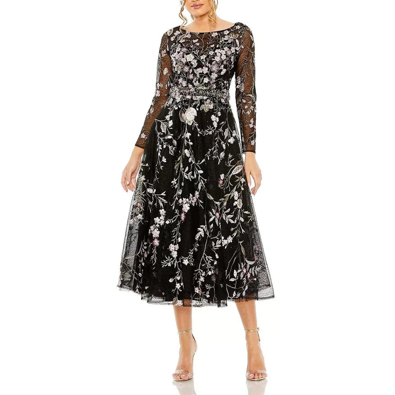 Nwt, Mac Duggal Women's High Neck Long Sleeve Embroidered Dress Size 4 #Md1044